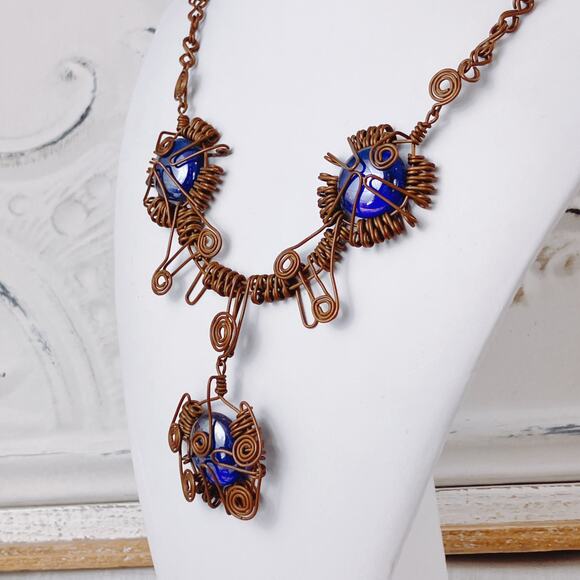 Handmade Wire-Wrapped Copper Necklace with Deep Blue Glass Cabochon Boho Pendant - Picture 2 of 10